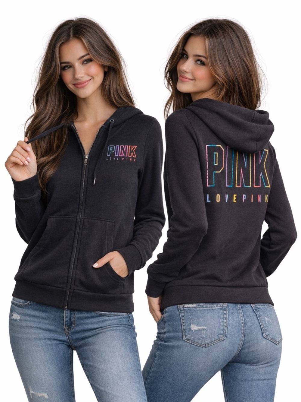 PINK Victoria’s Secret Black Zip Hoodie Medium Rainbow Logo Cozy